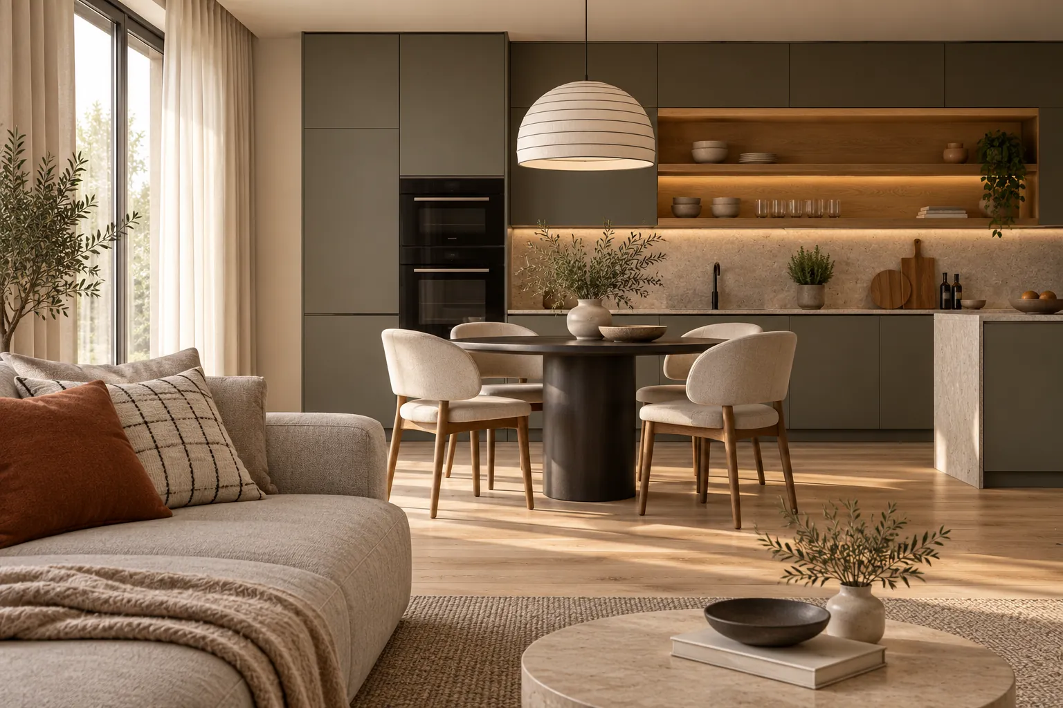 A kitchen and dining area with grey-green cabinets, oak shelves and a round black table