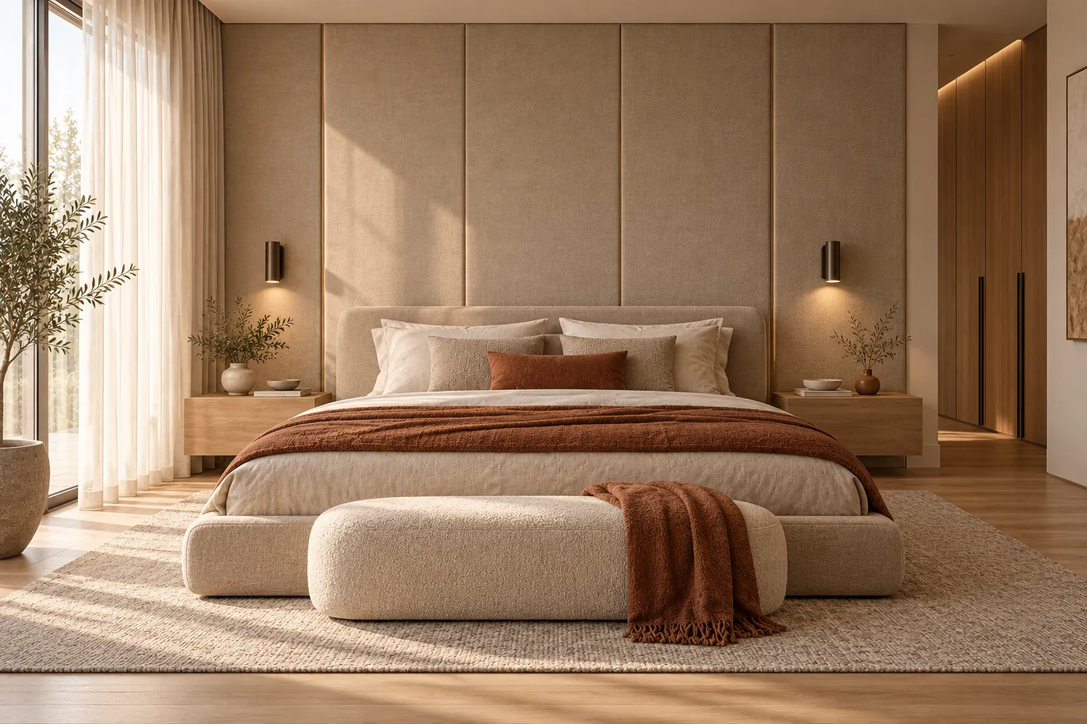 A calm bedroom with a beige linen bed and a rust bedspread