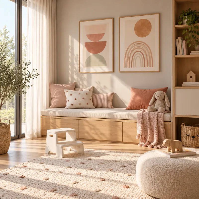 A bright reading corner with a white step stool, pink cushions and framed prints